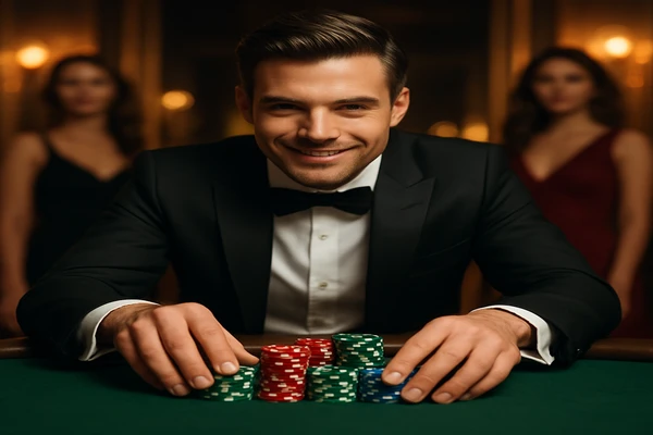 একজন নারী ল্যাপটপে অনলাইন গেম উপভোগ করছেন, চারপাশে উজ্জ্বল ক্যাসিনোর পরিবেশ জ্বলজ্বল করছে