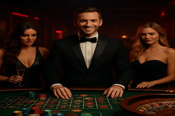 একজন পুরুষ অনলাইন গেমে জয় উদযাপন করছেন, চারপাশে গেমিং প্রতীকগুলো ভাসছে