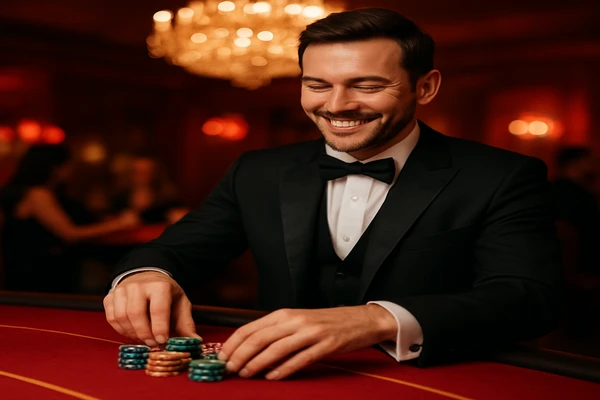 আলো ঝলমলে গেমিং পরিবেশে একজন আত্মবিশ্বাসী ডিলার ব্যবহারকারীদের ac365 অ্যাকাউন্টে নিরাপদে প্রবেশ করতে আহ্বান জানাচ্ছেন।